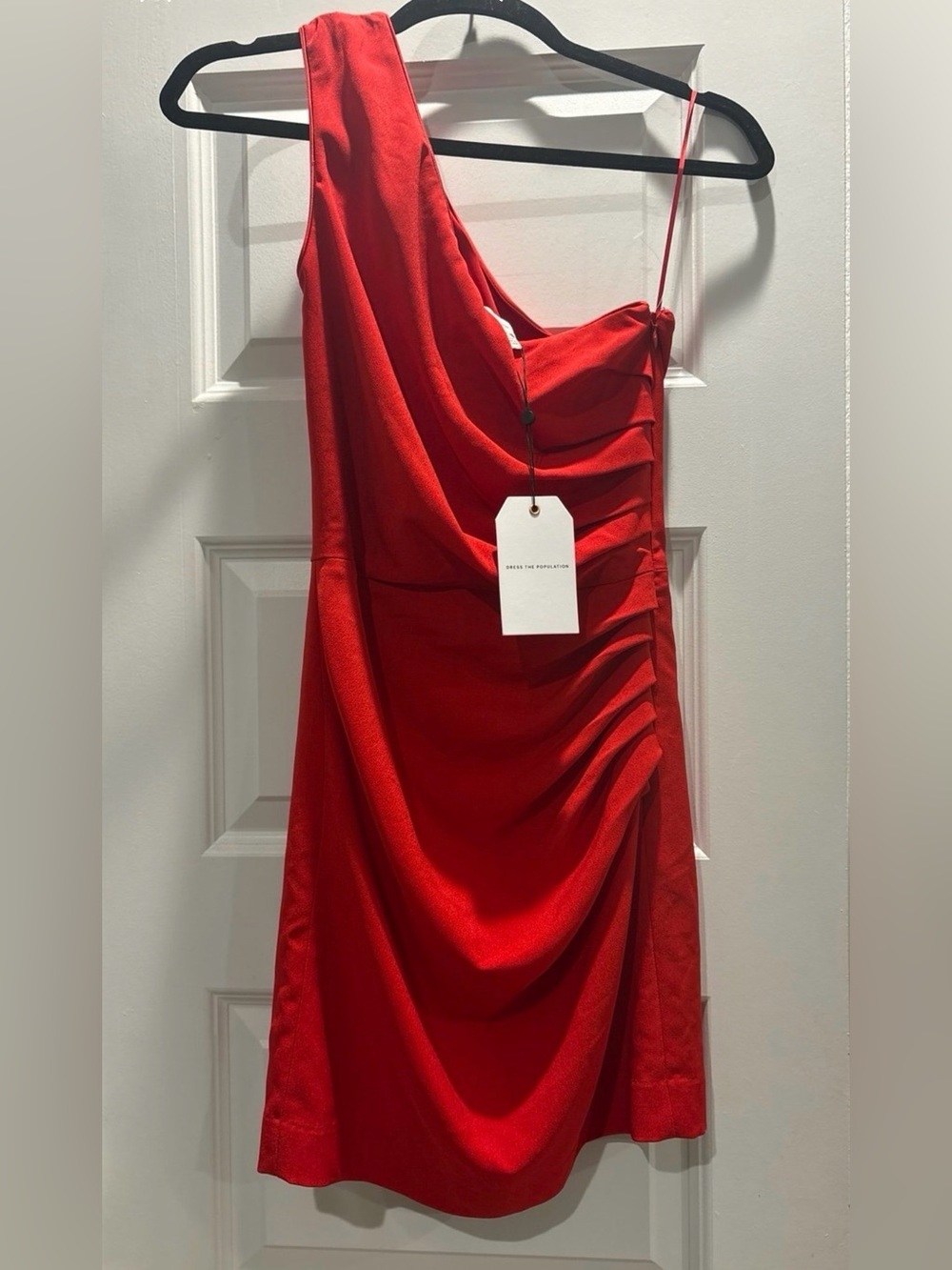 Dress the Population Red Asymmetric Draped One-Shoulder Dress
